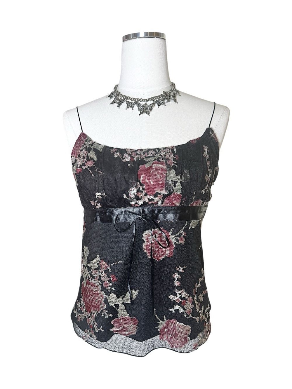Y2K Express Black + Pink Floral Lace Satin-Trim Cami Milkmaid Top Size Small